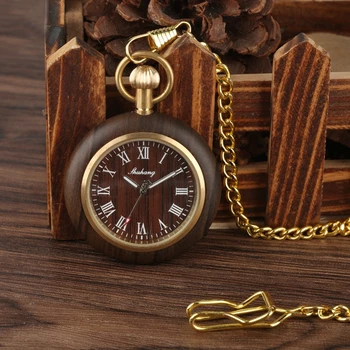 Retro Unic Royal lemn de Santal Negru Cuarț Ceas de Buzunar Moda Cadran Rotund din Lemn Ceas cu 30cm Lanț de Aur Oameni de Ore de Ceas Cadouri