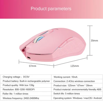 Femei Roz Mouse-ul fără Fir De 2,4 Ghz 1600 DPI Mouse-ul Tasta de Dezactivare USB Reîncărcabilă Economizor de Energie Fata de Soareci