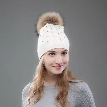 Noi femeile lână cașmir pompom de iarnă pălării, căciuli de lux bling cristal decorate real nurca pompom blană pălărie de iarnă