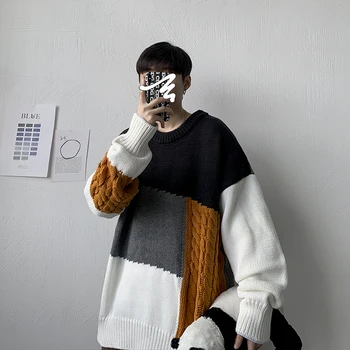 Bărbați pulover Pulover Tricotate Mozaic O-Gât Vrac Masculi de Agrement Chic Moale Cald Strada Poarte la Modă Cool Harajuku Toate-meci de Noi