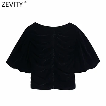 Zevity 2021 Femei V-Gât Catarama Cutat Catifea Scurta Salopeta Bluza Femme Felinar Sleeve Slim Kimono Tricou Chic Blusas Topuri LS7473