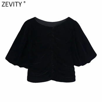 Zevity 2021 Femei V-Gât Catarama Cutat Catifea Scurta Salopeta Bluza Femme Felinar Sleeve Slim Kimono Tricou Chic Blusas Topuri LS7473