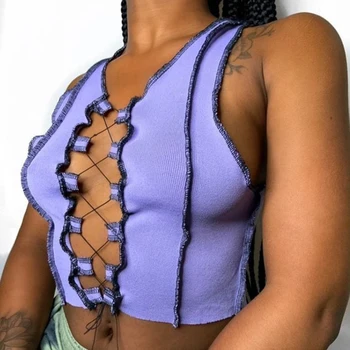 Darlingaga Streetwear Dungă Mozaic Vara Topuri Femeile 2020 Dantelă Sus Cu Nervuri Tricota Rezervor De Top Vesta Bandaj Sexy Crop Top Gol