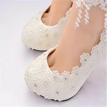 Femei albe tocuri inalte pantofi de nunta, pantofi pentru femei dantela mireasa flori de pantofi pentru femei pantofi superficial pantofi 4.5 / 8cm mare