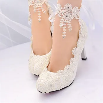 Femei albe tocuri inalte pantofi de nunta, pantofi pentru femei dantela mireasa flori de pantofi pentru femei pantofi superficial pantofi 4.5 / 8cm mare