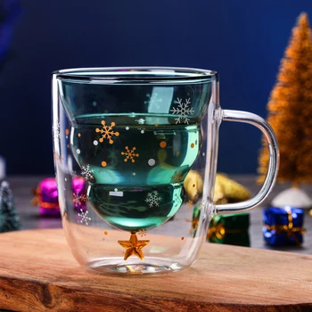 Drăguț de Crăciun Copac Cana cu Perete Dublu de Sticla Cesti de Cafea cu Silocone Capac Fulg de nea Star Xmas Cadou Vin, Ceai, Lapte Pahar de Apă