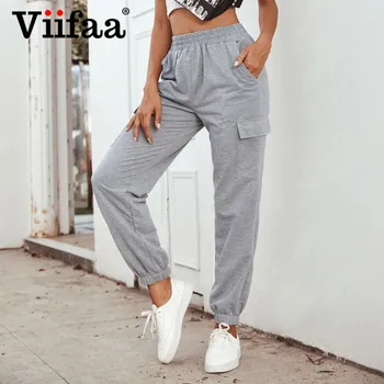 Viifaa Casual Streetwear Joggeri Solid Pantaloni De Trening Femei 2020 Toamna Talie Mare, Buzunar Lateral Pantaloni Largi