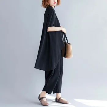 Plus Dimensiune Femei din Bumbac Seturi de Vară Vintage Negru Elegant Feminin Doamna Topuri Tricou Vrac Dimensiuni Mari, Pantaloni Lungi 2 Seturi de Costume 5XL 2019