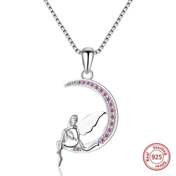 Argint 925 Roz de Moda Zircon Luna Elfi Lanț Pandantiv Coliere Bijuterii pentru Femei Cadouri pentru ziua Îndrăgostiților