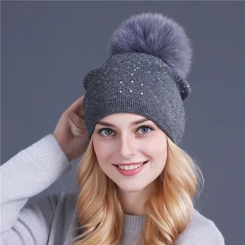 [Xthree] femei de iarna căciulă de blană de Iepure lână tricotate pălărie de sex feminin de nurca pom pom Strălucitoare Stras pălării pentru femei