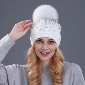[Xthree] femei de iarna căciulă de blană de Iepure lână tricotate pălărie de sex feminin de nurca pom pom Strălucitoare Stras pălării pentru femei