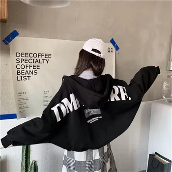 Hanorac negru Femei Topuri Jacheta BF Stil de sex Feminin Tricou Casual de Toamna cu Maneci Lungi Streetwear coreean Ulzzang Hip Hop Haina Topuri