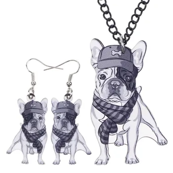 Bonsny Brand De Bijuterii Seturi Acril Declarație Bulldog Francez Pug Câine Colier Cercei Cravată Guler Moda Bijuterii Femei Fata