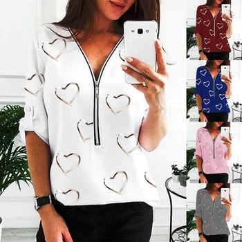 Femei Bluza de Moda V Gât Poliester Maneca Lunga cu Fermoar Dragoste Inima de Imprimare Bluza tricou Top de Îmbrăcăminte pentru Femei ropa de mujer 2021