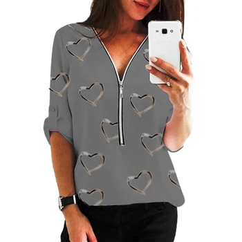 Femei Bluza de Moda V Gât Poliester Maneca Lunga cu Fermoar Dragoste Inima de Imprimare Bluza tricou Top de Îmbrăcăminte pentru Femei ropa de mujer 2021