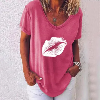 Amuzant tricou Supradimensionat Femei Casual V Gât T-Shirt cu Maneci Scurte de Buze Imprimate Topuri V Gât Vrac de sex Feminin Harajuku Top Tee Vara