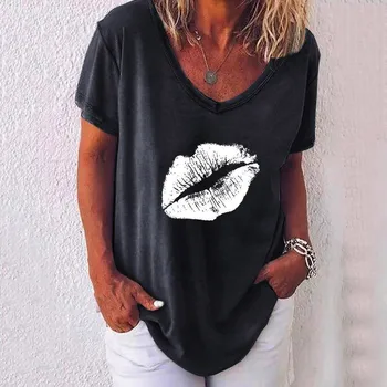 Amuzant tricou Supradimensionat Femei Casual V Gât T-Shirt cu Maneci Scurte de Buze Imprimate Topuri V Gât Vrac de sex Feminin Harajuku Top Tee Vara