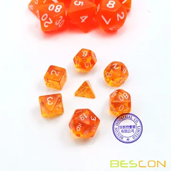 Bescon Mini Translucid Poliedrice RPG Zaruri Set 10MM, Mic RPG Joc de Rol Joc de Zaruri Set D4-D20 în Tub, Portocaliu Transparent