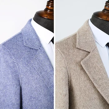 Dublu de lână Cald lungime Medie haina de om Crestate Guler de Iarna Barbati de Afaceri francez sacou Albastru și Kaki Dungă haină de Lână