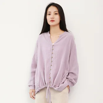NYFS Femei Lenjerie de pat din Bumbac Tricouri Vintage Bluze Centura 2020 Toamna Noi V-Neck Maneca Lunga 5 Culoare Vrac Butonul Haine Casual