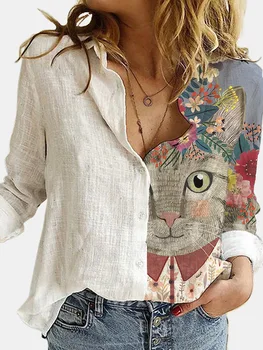 Moda Animal Liber Cat Digitale De Imprimare Tricou Femei Toamna Birou Alb Bluze Maneca Rândul Său, În Jos Guler Casual Cardigan Imprimare De Top