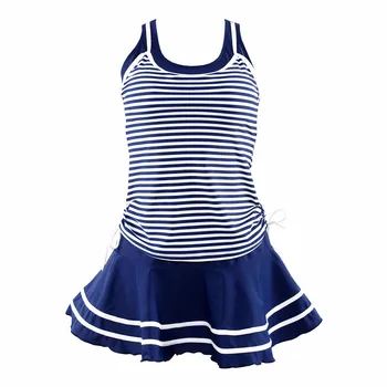 Femeile Școală Stil Sportiv, Costume de baie Bleumarin dungi de Imprimare Tankinis Rochie din Doua Piese, Costume de baie Plus Dimensiune