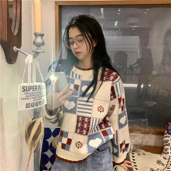 Femei Pulover Mozaic de Epocă cu Lambriuri Îngroșa Femeie Pulovere Tricotate Femei Pierde Toate-meci de Warm Confortabil Stil coreean