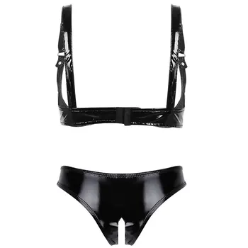 Femei sex Feminin Wetlook Latex Clubwear Exotice Set de Lenjerie Open Cup Bra Top cu Fundul Deschisă Crotchless Mini Slip Sissy Chilotei