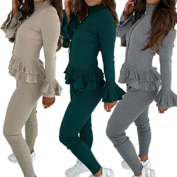 2020 Moda Primavara Toamna Femei Trening Cu Maneca Lunga Tricou+Pantaloni Lungi Din Două Piese Cu Nervuri Volan Peplum Aur Buton