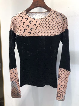 Contrastul de culoare catifea crescent model de imprimare gât rotund pulover tricot stretch T-shirt doamnelor toamna anului nou stil de personalitate