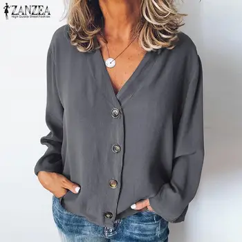 2021 ZANZEA Sexy V-Neck Butonul Tricouri de Vara pentru Femei Bluza Vintage Maneca Lunga Tricouri Femei Solide Blusas Femei Tunica S-5XL