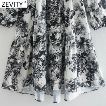 Zevity Noi 2020 Femei Vintage V Gât Pictura de Cerneală Fluture de Imprimare Tricou Casual Rochie de sex Feminin Chic Încreți Volane Vestido DS4751