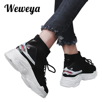 Weweya Totem Desene Animate Rechin Șosete Pantofi Femei High Top Scrisoare Ciorap Adidași Femeie Apartamente Platformă În Aer Liber Pantofi De Panza Plus Dimensiunea 46