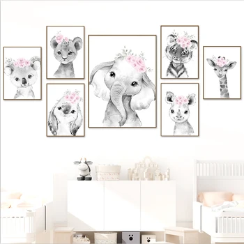 Koala Iepure Tigru, Leu, Girafa Roz De Flori De Arta De Perete Panza Pictura Nordică Postere Si Printuri Poze De Perete Pentru Camera Copii Decor