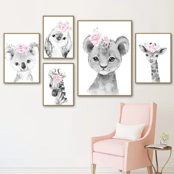 Koala Iepure Tigru, Leu, Girafa Roz De Flori De Arta De Perete Panza Pictura Nordică Postere Si Printuri Poze De Perete Pentru Camera Copii Decor