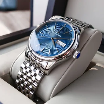 Recif de Tigru/RT Mens Dress Watch Full Inox Oțel de Albastru de Apelare Automată Încheietura Ceasuri cu Data de Zi RGA8232