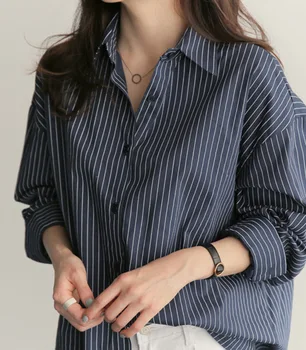 Primăvara și Toamna Noi coreean Pierde Dungi Albastre de Mari Dimensiuni cu Mâneci Lungi Tricou Femei pentru femei topuri si bluze