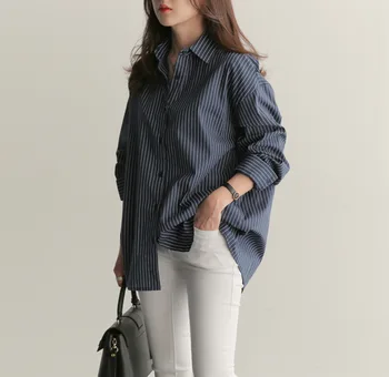 Primăvara și Toamna Noi coreean Pierde Dungi Albastre de Mari Dimensiuni cu Mâneci Lungi Tricou Femei pentru femei topuri si bluze