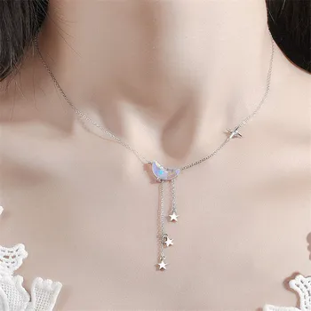 Argint 925 Cristal Luna Ciucure Stele Farmecul Șirag de mărgele Pandantiv Cravată Colier Pentru Fete Femei Declarație de Nunta Bijuterii dz847