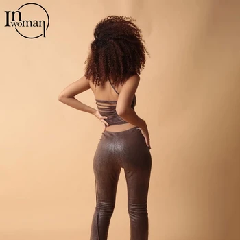 INWOMAN 2 Două Piese Femeile Seturi Sexy Club Bodycon Tinutele 2021 Doamnelor Faux din Piele Pu Bandaj Crop Top Flare Pantaloni de Potrivire Seturi