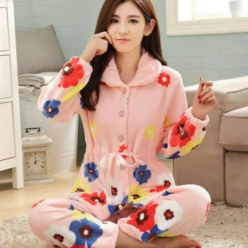 Femei Flanel Pijama Drăguț Set 2 buc Desene animate Gros de Imprimare Homewear 2021 Toamna Iarna Feminin Floral Papion Haine de Acasă Doamnelor