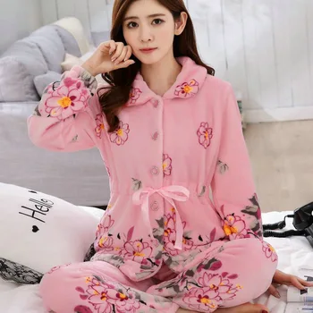 Femei Flanel Pijama Drăguț Set 2 buc Desene animate Gros de Imprimare Homewear 2021 Toamna Iarna Feminin Floral Papion Haine de Acasă Doamnelor