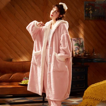Iarna Pijamale Femei, Plus Dimensiune Sleepwear Incalzi Mediu Stil Intensificarea Pijamale De Pluș Cămașă De Noapte Cu Gluga Eliberat Versiune