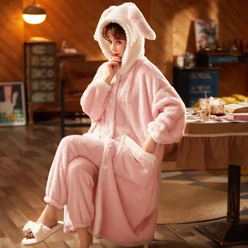 Iarna Pijamale Femei, Plus Dimensiune Sleepwear Incalzi Mediu Stil Intensificarea Pijamale De Pluș Cămașă De Noapte Cu Gluga Eliberat Versiune