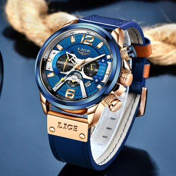2021 LIGE Bărbați Ceasuri de Top de Brand de Lux din Piele Albastru Cronograf Ceas Sport Pentru Barbati Moda Prezent Ceas rezistent la apa Reloj Hombre