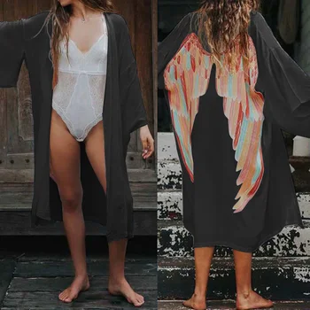 2021 Vara Celmia Femei, Kimono Cardigan Plus Dimensiune Topuri Spate Aripi De Imprimare Tricouri Lungi Casual Bluza Cu Maneci Plaja Acoperi