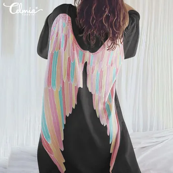 2021 Vara Celmia Femei, Kimono Cardigan Plus Dimensiune Topuri Spate Aripi De Imprimare Tricouri Lungi Casual Bluza Cu Maneci Plaja Acoperi