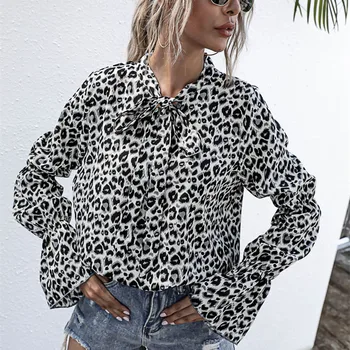 Casual Leopard Dot Print Ruffle Tricou Toamna Iarna Lantern Maneca Femei Tricouri Negre Liber Birou Elegant Lady V-Neck Arc Topuri