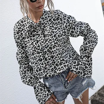 Casual Leopard Dot Print Ruffle Tricou Toamna Iarna Lantern Maneca Femei Tricouri Negre Liber Birou Elegant Lady V-Neck Arc Topuri