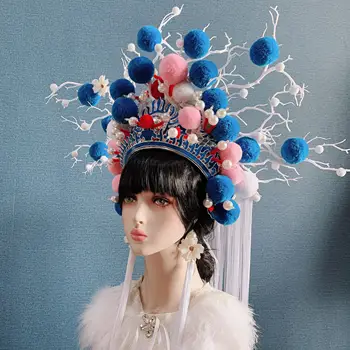 2 culori exagerate operă chineză palarie de mireasa fotografie de studio capac femei frumoase regina cosplay cap purta festivalul de performanță